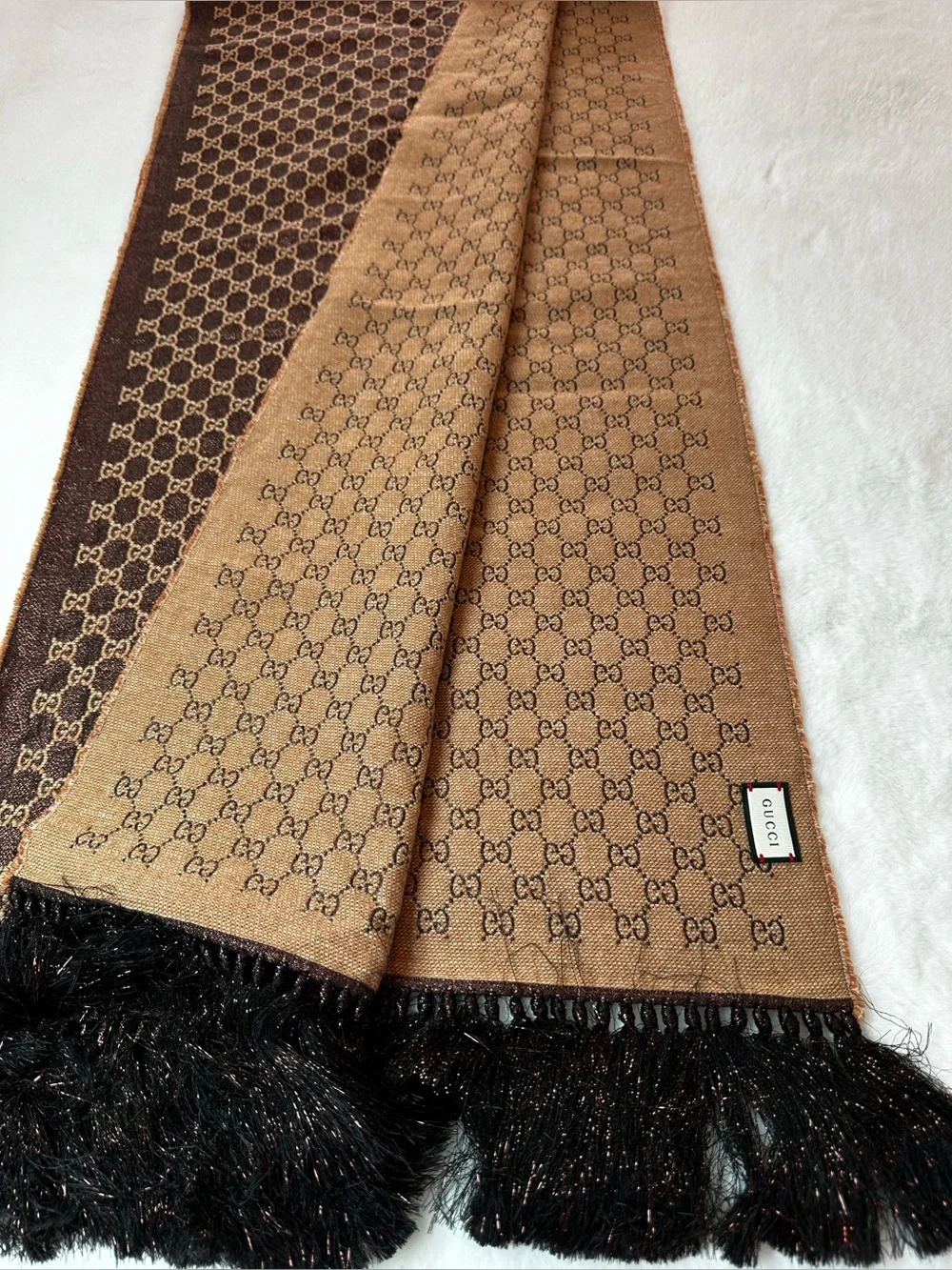 Gucci Brown & Tan GG Logo Scarf with brown Fringe